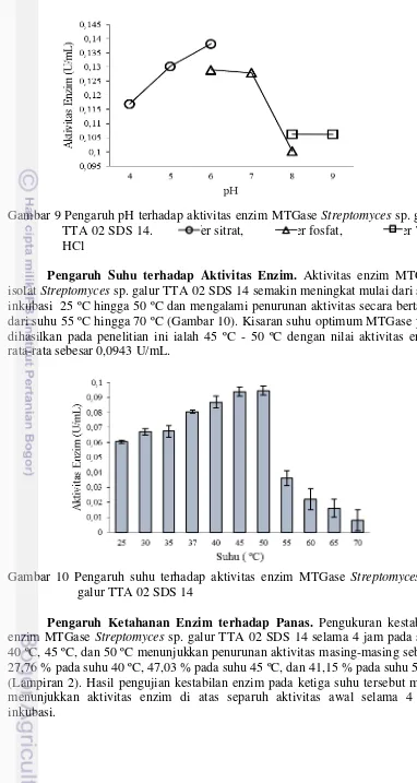 Gambar 9 Pengaruh pH terhadap aktivitas enzim MTGase Streptomyces sp. galur 