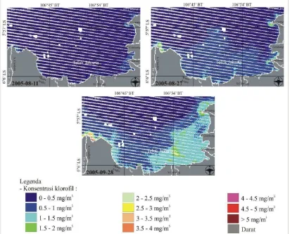 Gambar 6. Distribusi klorofil-a Teluk Jakarta pada musim kemarau tahun 2005 dari model y = 415.8x3 - 304.1x2 + 75.97x - 6.204   