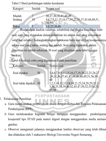 Tabel 3 Hasil perhitungan indeks kesukaran 