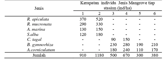 Tabel 3. Kerapatan individu  jenis mangrove di stasiun penelitian (ind/ha)  