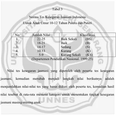 Tabel 3 Norma Tes Kesegaran Jasmani Indonesia 
