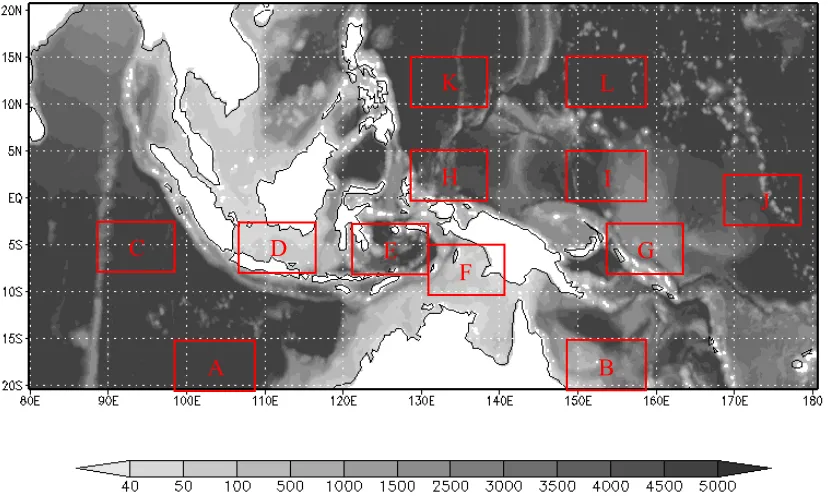 Figure 1. The bottom topography map (scale in meter) of the Indonesian Seas derived from ETOPO 2 minutes (Smith and Sandwell 1997)