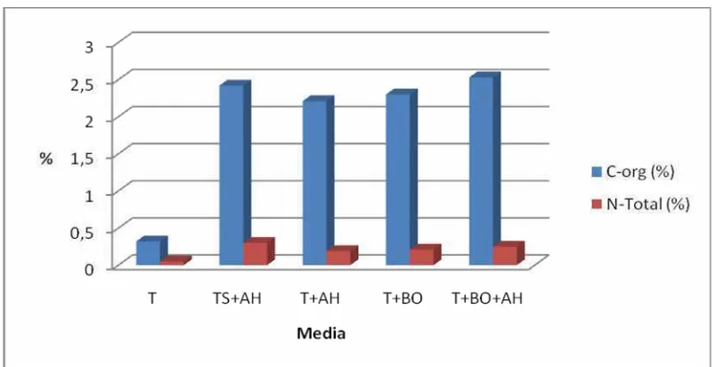 Gambar 5 Peningkatan unsur Nitrogen dan C-organik pada media TS+AH (Topsoil + AsamHumat) T+AH (Tailing + Asam humat) T+BO (Tailing + Kompos aktif)T+BO+AH (Tailing + Kompos aktif + Asam humat).