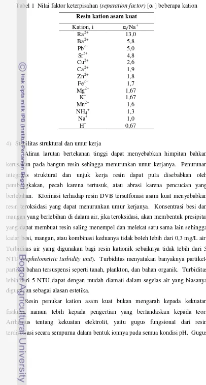 Tabel 1  Nilai faktor keterpisahan (separation factor) [αi ] beberapa kation 