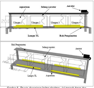 Gambar 8.  Desain eksperimen kultur plankton : (a) tampak depan dan                (b) perspektif samping  