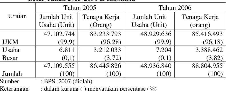 Tabel 2. Jumlah dan Proporsi Unit Usaha, Tenaga Kerja UKM dan Usaha Besar Tahun 2005-2006 di Indonesia 