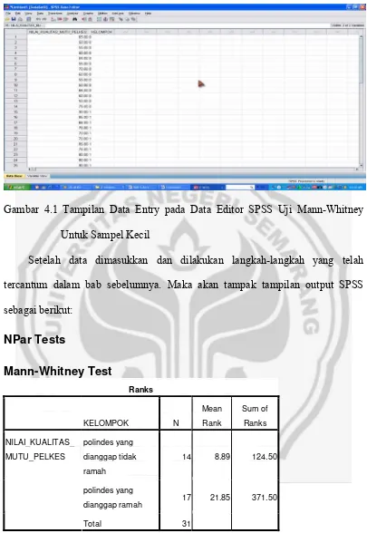 Gambar 4.1 Tampilan Data Entry pada Data Editor SPSS Uji Mann-Whitney 