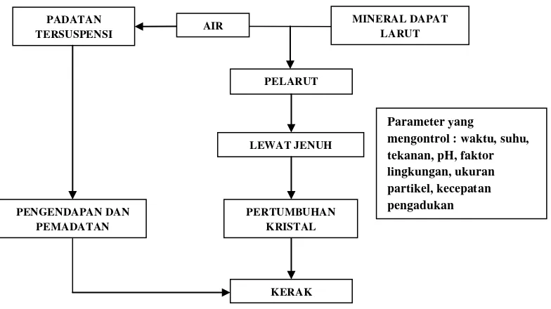 Gambar 2. Skema umum mekanisme pembentukan deposit kerak air (Salimin dan Gunandjar, 2007) 