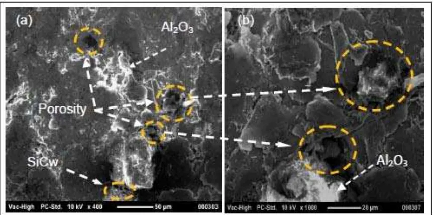 Fig. 5: SEM Microstructure surface (a) 400x and (b) 1000x containing 40% of (40wt% SiCw+0wt% Al            reinforcement in the aluminum matrix 60 wt%