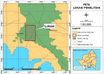 Gambar 4.  Peta Lokasi Penelitian Studi Populasi Siamang di  Hutan Lindung Register 25 gunung Pematang Tanggang, Kabupaten Tanggamus