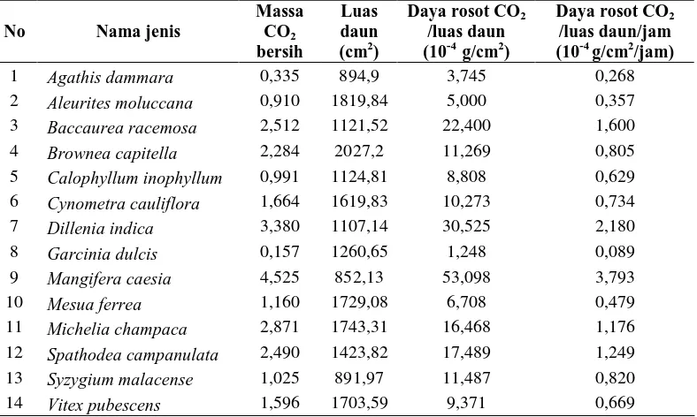 Tabel 5.  Daya rosot CO2 per luas daun 
