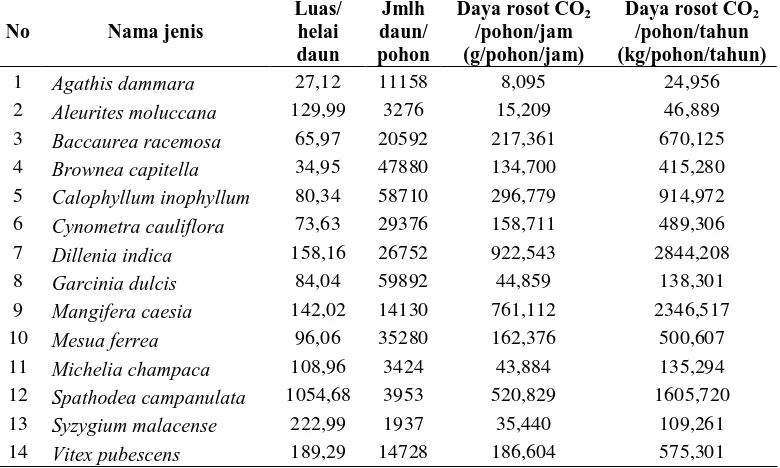 Tabel 7.  Daya rosot CO2 per pohon  