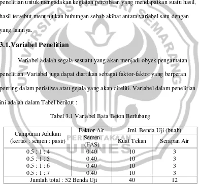 Tabel 3.1 Variabel Bata Beton Berlubang 