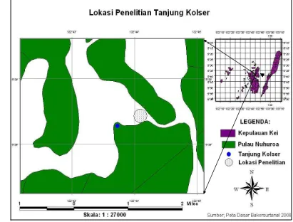 Gambar 5, Lokasi Penelitian Tanjung Kolser, Kepulauan Kei, Maluku.(lampiran 1. peta 3Dimensi bathymetri; titik-titik lifeform) 