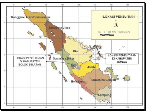 Gambar  4 Peta lokasi penelitian di Kabupaten Solok Selatan dan Kabupaten Bungo. 
