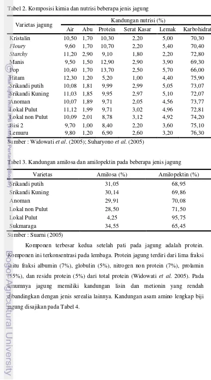 Tabel 3. Kandungan amilosa dan amilopektin pada beberapa jenis jagung 