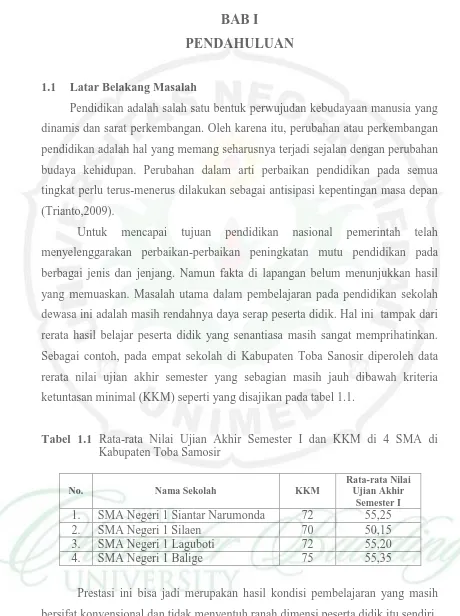 Tabel 1.1 Rata-rata Nilai Ujian Akhir Semester I dan KKM di 4 SMA di Kabupaten Toba Samosir 