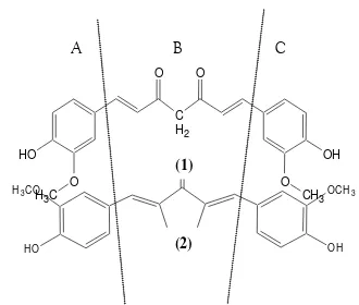 Gambar 1. Pembagian Farmakofor pada Kurkumin (1) (Robinson et al., 2002)dan Analog PGV-0 (2)