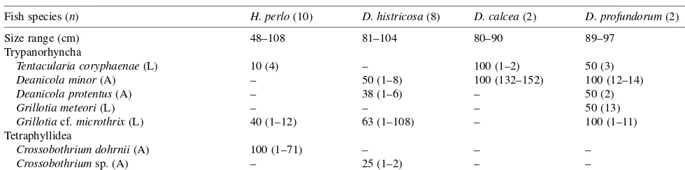 Table I. Prevalences and intensities of cestodes found in 4 species of ﬁsh.