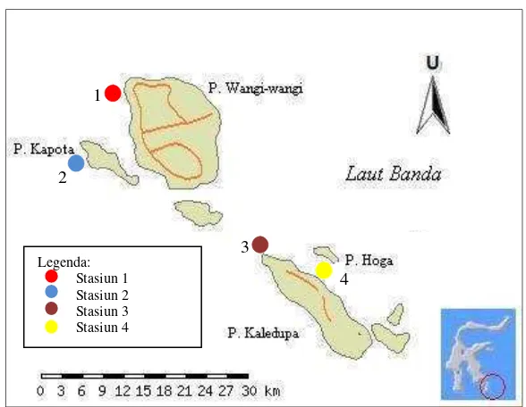 Gambar 2 Lokasi penelitian di Kepulauan Wakatobi. (Sumber: http://pssdal.bakosurtanal.go.id/) 