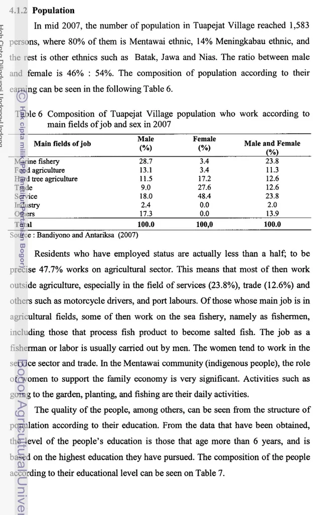 Table 6  Composition  of  Tuapejat  Village  population  who  work  according  to  main fields of job  and sex in 2007 