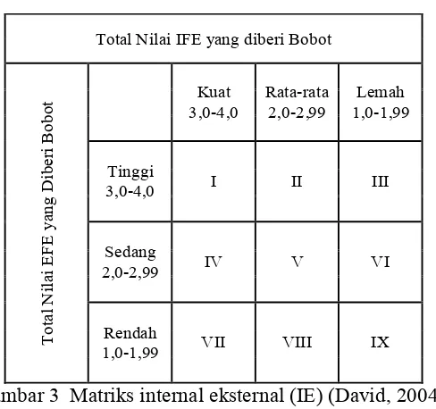 Gambar 3  Matriks internal eksternal (IE) (David, 2004). 