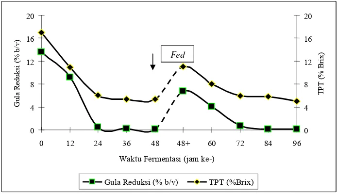 Gambar 17.  Perbandingan penurunan kadar gula reduksi dan total padatan terlarut  selama fermentasi alkohol pada medium pulp kakao tanpa penambahan enzim selulase dengan menggunakan sistem fed-batch