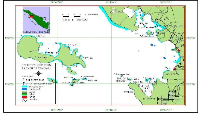 Gambar 3 Lokasi penelitian di perairan laut Desa Sitardas tahun 2009 dan lokasi penelitian LIPI tahun 2004, 2007 dan 2008