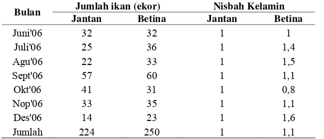Tabel 7. Nisbah kelamin ikan selais (O. hypophthalmus) di rawa banjiran Sungai Kampar Kiri dari bulan Juni-Desember 2006 