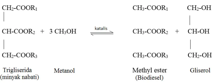 Gambar 1. Reaksi Transesterifikasi trigliserida menjadi metil ester 