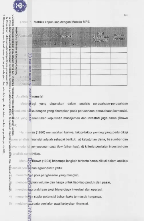 Tabel 7. Matriks keputusan dengan Metode MPE 