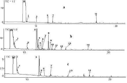 Figure 2. Total ion chromatogram of blood plasma sample after inhalation of ki lemo bark sample after 1 h inhalation; (oils