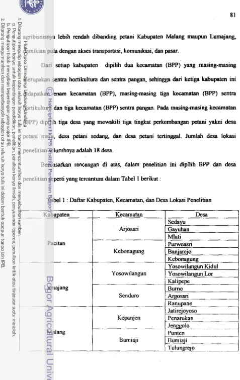 Tabel 1 : Daftar Kabupaten, Kecamatan, dan Desa Lokasi Penelitian 