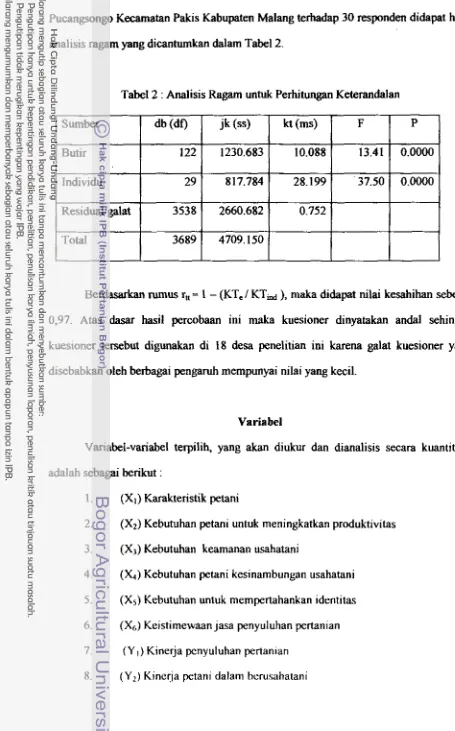 Tabel 2 : Analisis Ragam untuk Perhitungan Keterandalan 