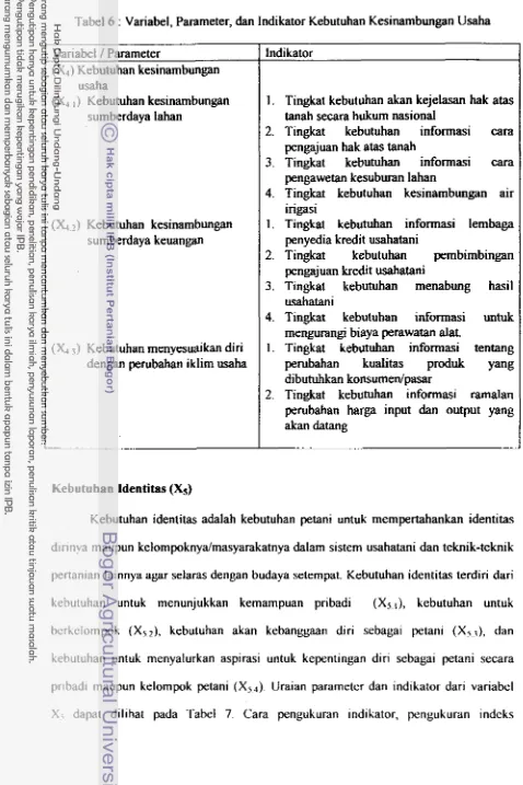 Tabel 6 : Variabel, Parameter, dan Indikator Kebutuhan Kesinambungan Usaha 