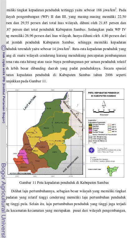 Gambar 11 Peta kepadatan penduduk di Kabupaten Sambas 