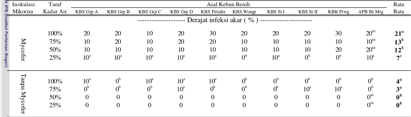 Tabel 4  Respon  derajat infeksi akar bibit E. pellita dari 10 sumber benih terhadap inokulasi mikoriza arbuskula dan cekaman kekeringan