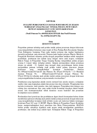 ANALISIS PERBANDINGAN DASAR PERTIMBANGAN HAKIM TERHADAP ANAK PELAKU ...