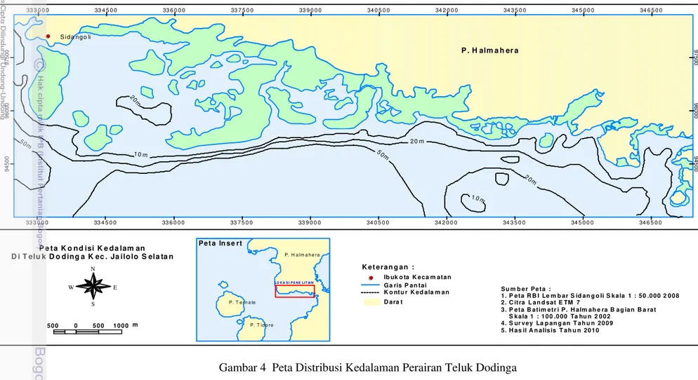 Gambar 4  Peta Distribusi Kedalaman Perairan Teluk Dodinga 35P.  T e r n a teP.  T id o reP