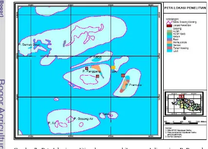 Gambar 7 Peta lokasi penelitian dan pengambilan sampel di perairan P. Pramuka bagian utara dan P