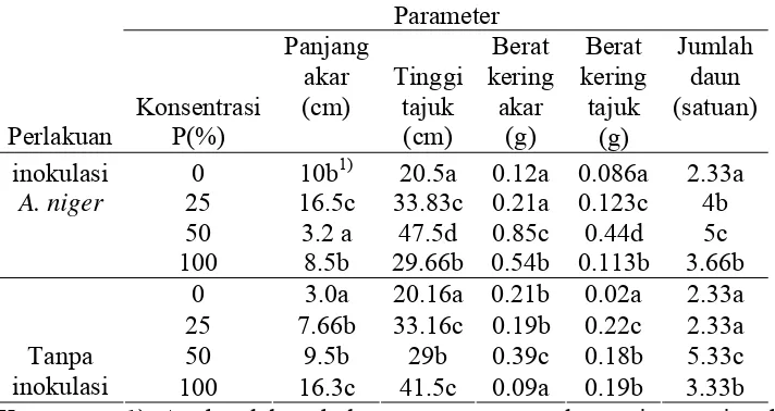 Tabel 1. Pengaruh inokulasi A . niger dan perlakuan P pada  tanaman padi umur 6 minggu setelah tanam dalam media cair