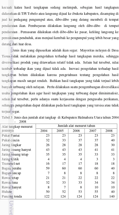 Tabel 3  Jenis dan jumlah alat tangkap  di Kabupaten Halmahera Utara tahun 2004 