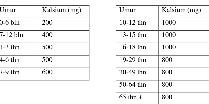 Tabel 1. Angka Kecukupan Gizi Kalsium Rata-rata yang Dianjurkan (per orang 