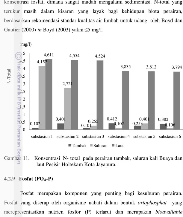 Gambar 11.   Konsentrasi  N- total  pada perairan tambak, saluran kali Buaya dan  laut Pesisir Holtekam Kota Jayapura