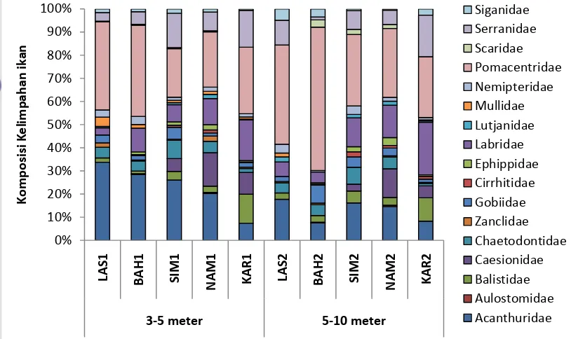 Gambar 8.  Komposisi ikan karang berdasarkan jumlah individu per famili di stasiun 