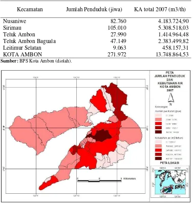 Tabel 12 Jumlah dan kebutuhan air penduduk Kota Ambon tahun 2007 