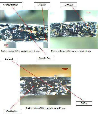 Gambar 10. Foto mikro patahan (fraksi volume 30%, panjang serat 5, 10 dan 15 mm) 