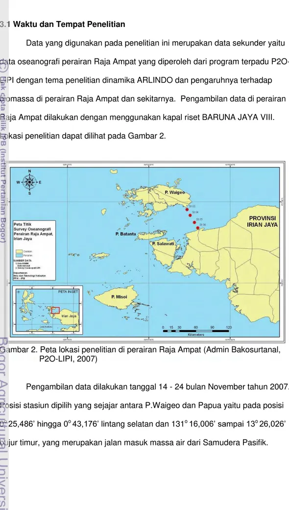 Gambar 2. Peta lokasi penelitian di perairan Raja Ampat (Admin Bakosurtanal,  P2O-LIPI, 2007) 