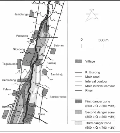 Figure 10. Lahar-hazard zones in the Boyong River. Several villages are threatened bylahars of relatively small magnitudes (Lavigne, et al, 2000a)