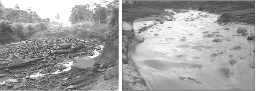 Figure 1. Difference between non-cohesive debris flow at Semeru, East Java in January2002 (left), and cohesive debris flow (mudflow) at Papandayan,West Java, in November 2002 (right)